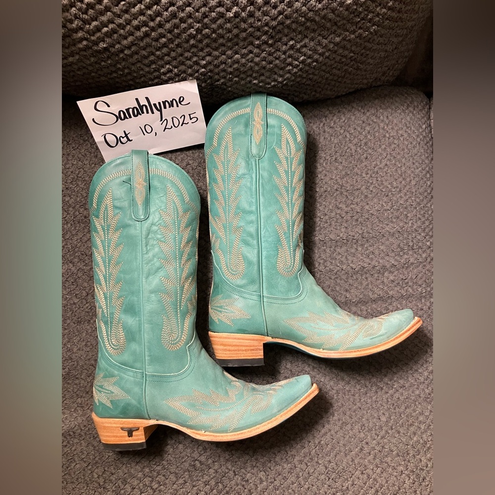 Turquoise Embroidered Heeled Boots - Picture 3 of 4